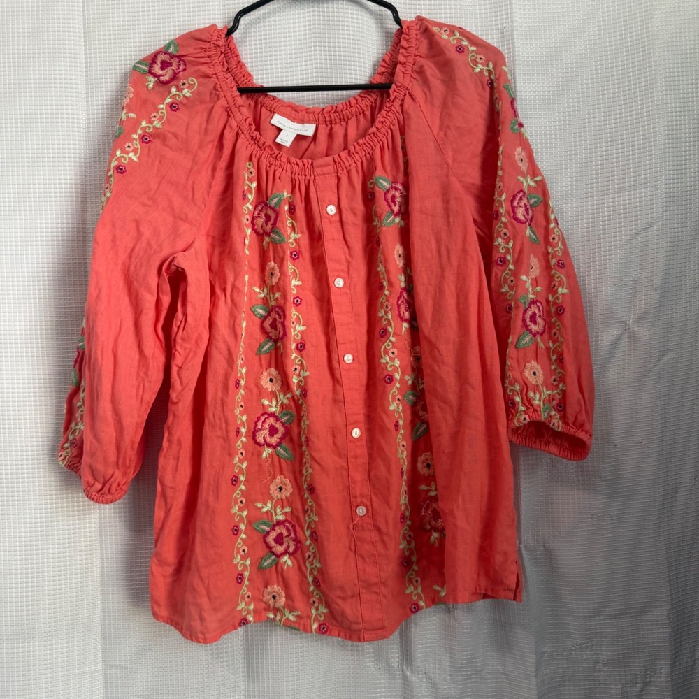 Charter Club Blouse Linen Floral Embroidered Button Front Peasant Boho Top L